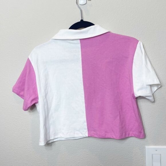Tillys Full Tilt Pink & White Color Block Cropped Polo Shirt Size M NWT 100% Cot - Picture 5 of 5